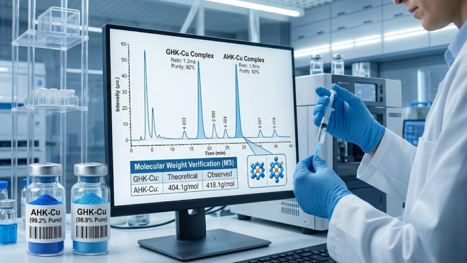 Laboratory setting displaying an HPLC purity graph for Copper Peptides