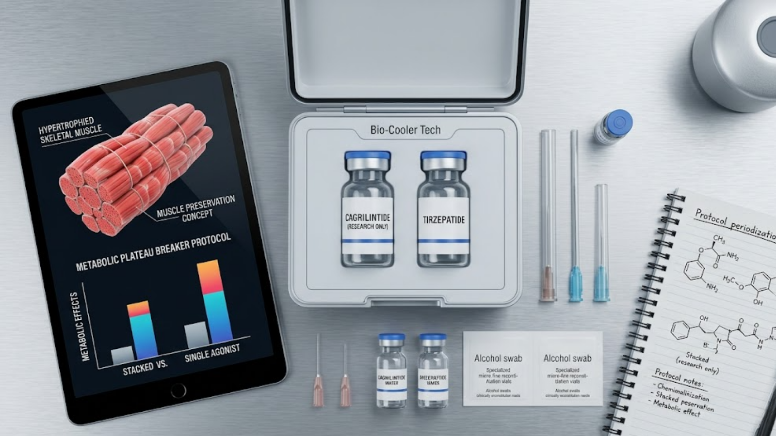 Advanced biohacking flat lay with muscle preservation concept